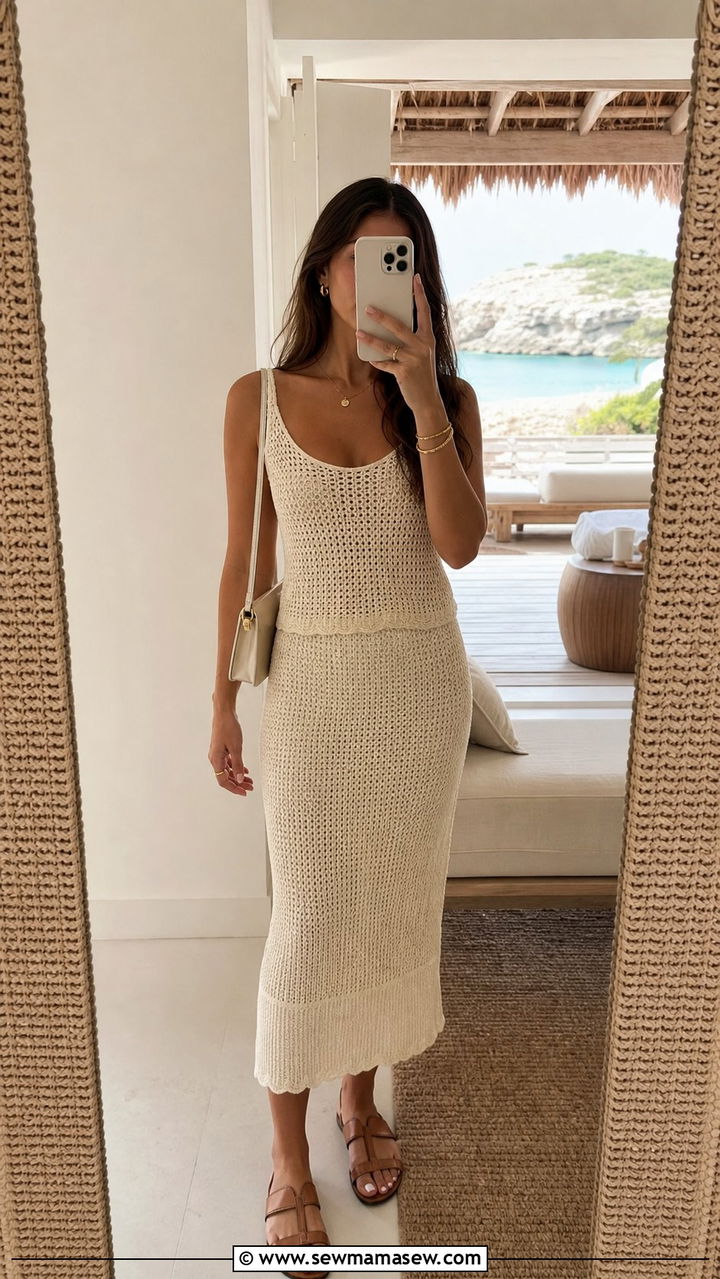 Cream Crochet Tank With Midi Skirt - 25 Summer clean girl outfits 2026