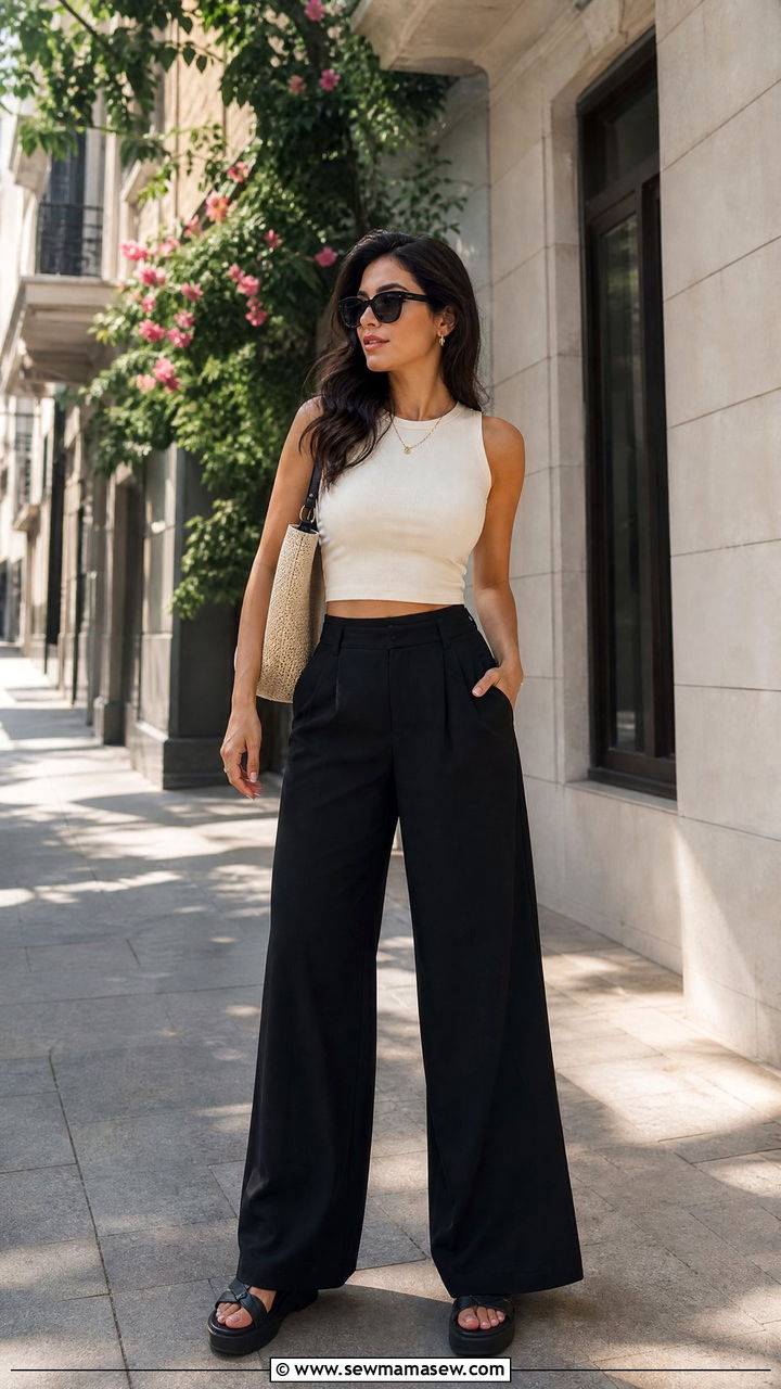 Cream Crop Top With Black High Waisted Wide Leg Trousers - 30 Cream and black outfit ideas