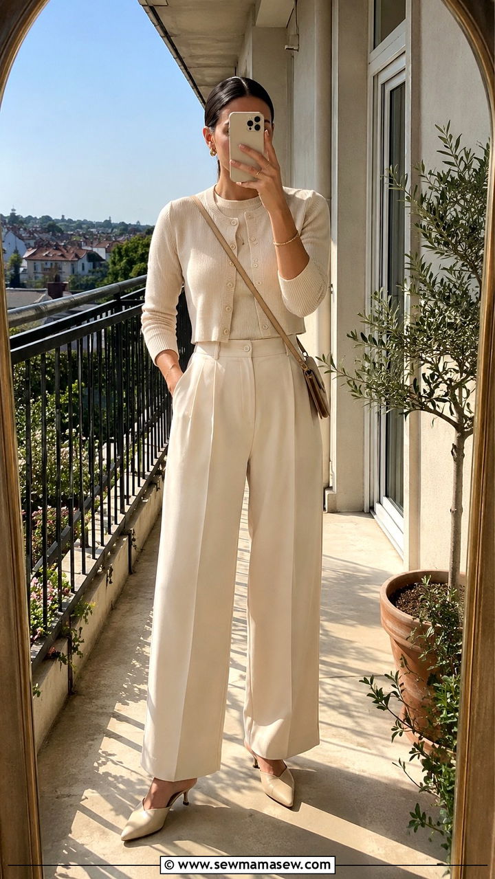 Cream Cropped Cardigan With High Waist Trousers - 30 Monochromatic cream outfits