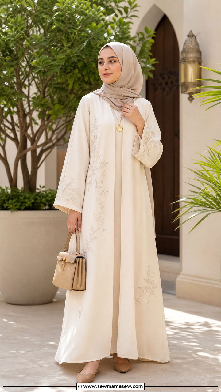 Cream Embroidered Abaya with Gold Accessories - 30 Eid outfit ideas for teens