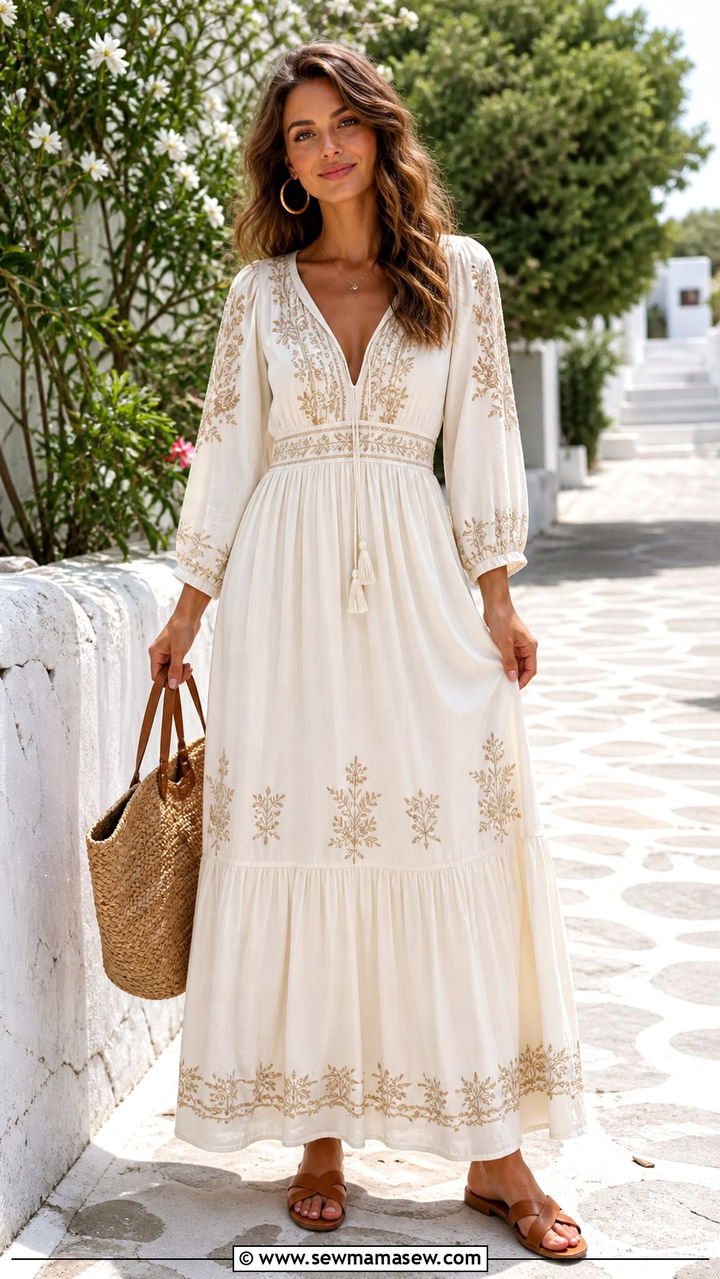 Cream Embroidered Maxi Dress With Flat Sandals - 40 Boho outfit ideas 2026