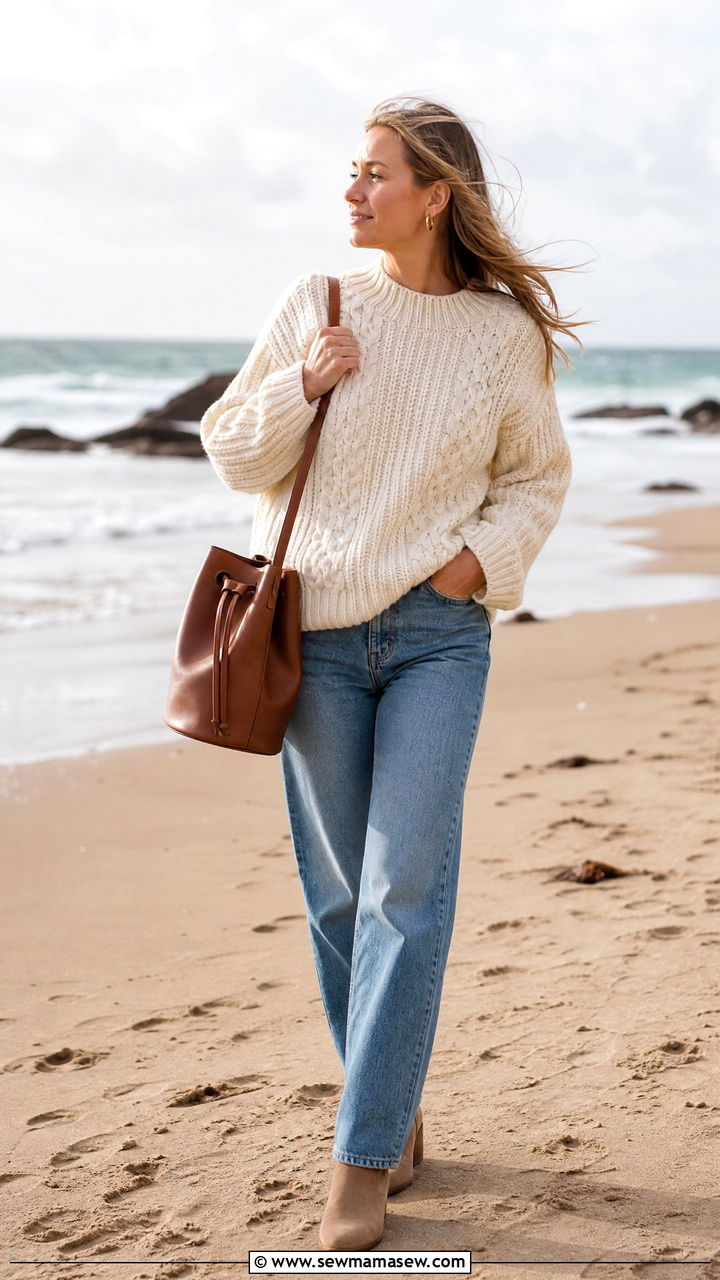 Cream Fisherman Sweater And Straight Leg Jeans Outfit - 30 Coastal grandmother spring outfits