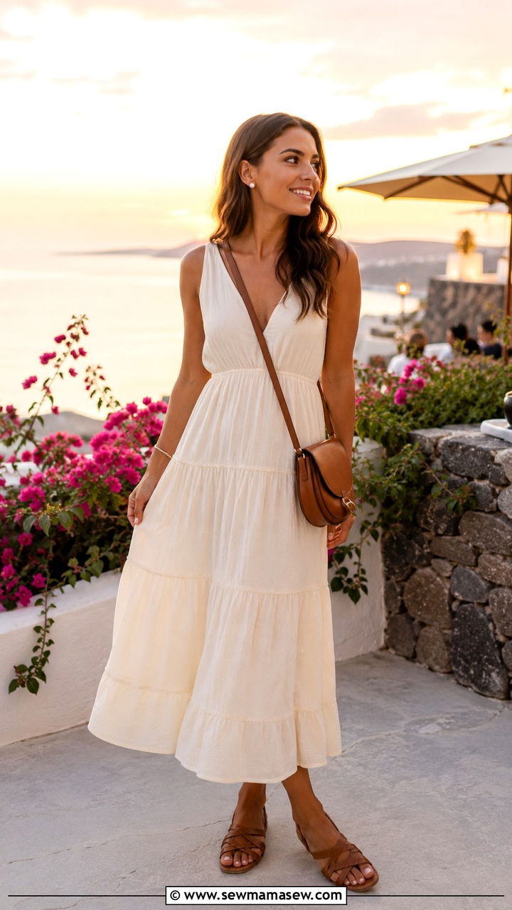 Cream Gauze Tiered Midi Dress With Woven Flats - 20 summer outfits 2026 women inspo