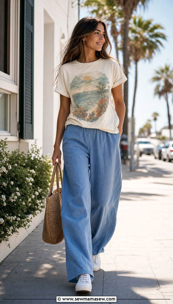 Cream Graphic Tee With Blue Linen Pants - 25 Coastal granddaughter outfit ideas