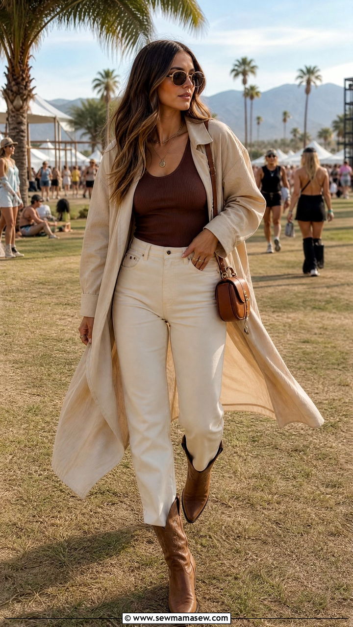 Cream High Waisted Jeans with Fitted Brown Top and Trench Coat - 25 classy Coachella outfits