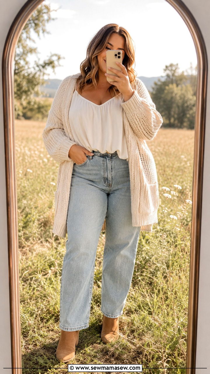 Cream Knit Cardigan With Flowy Tank And Jeans - 30 Plus size outfit ideas for family photos