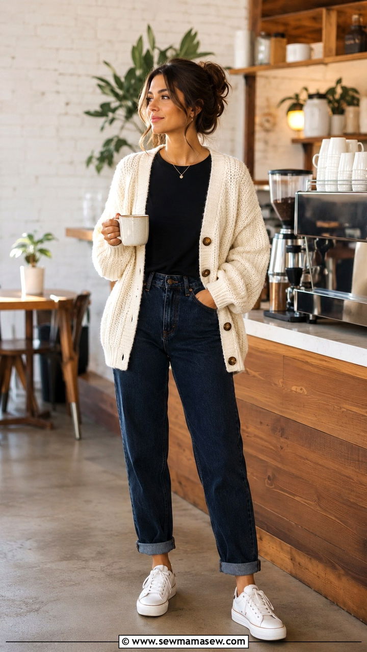 Cream Knit Cardigan with Black Tee and Navy Mom Jeans - 30 Spring outfit ideas for barista