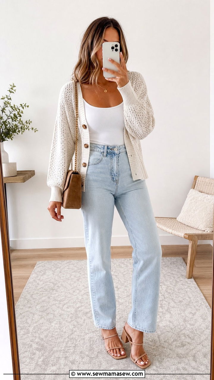 Cream Knit Cardigan with High Waist Jeans and Nude Heels - 25 Early June outfit ideas