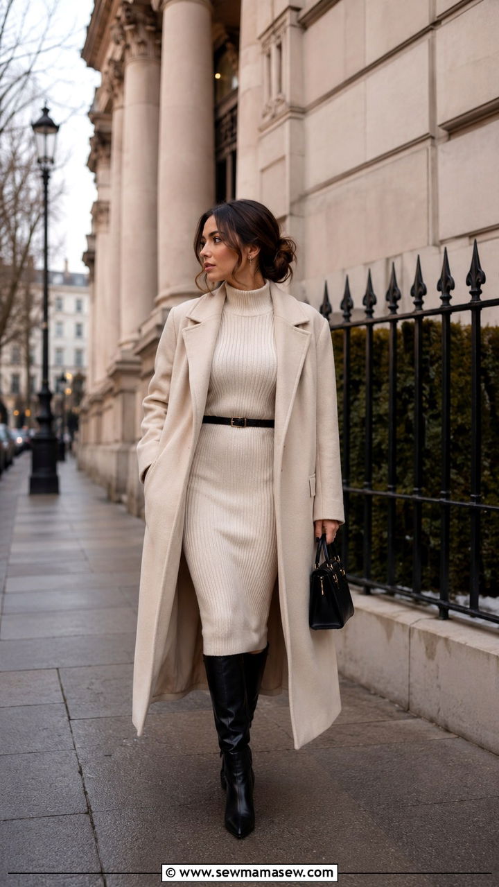 Cream Knit Dress and Knee High Leather Boots - 30 Old money outfits for petite women