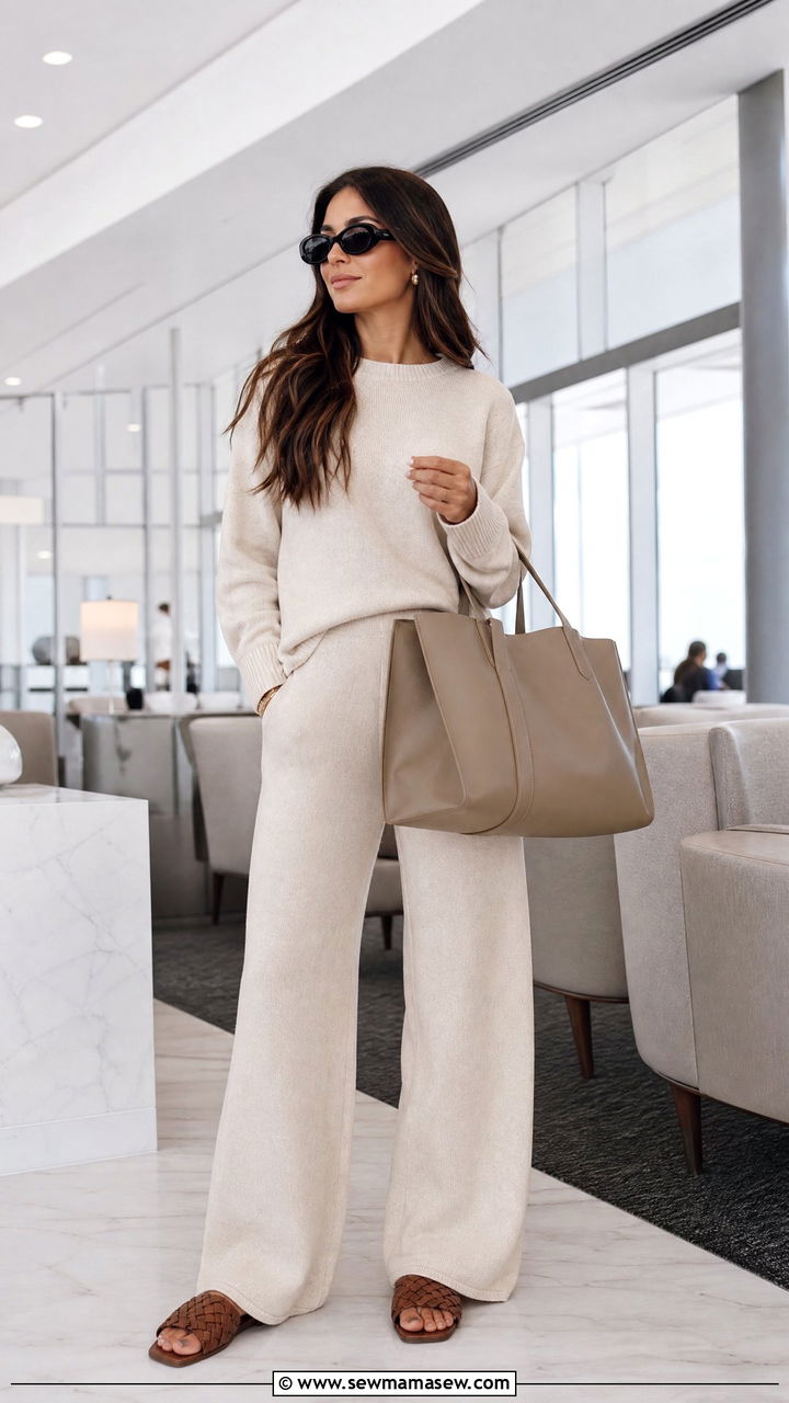 Cream Knit Lounge Set And Woven Slides - 30 summer quiet luxury outfit ideas
