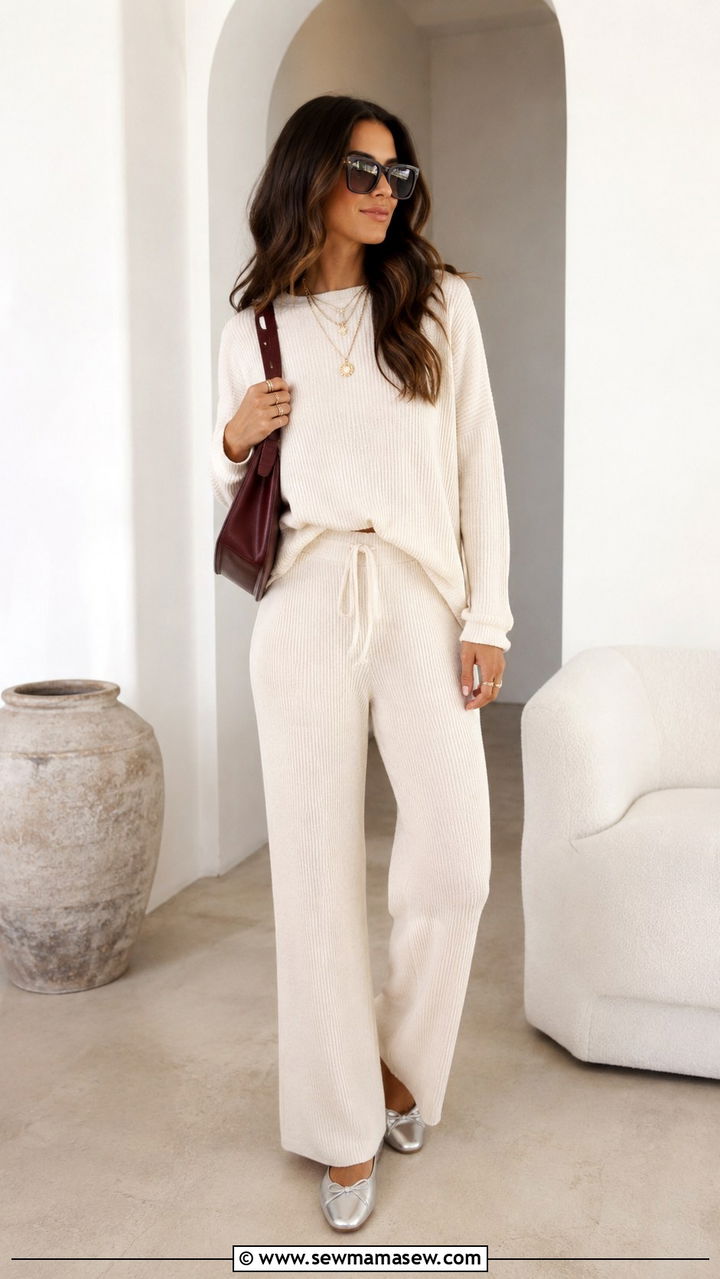 Cream Knit Lounge Set With Metallic Ballet Flats And Shoulder Bag Outfit - 30 casual glamoratti outfits