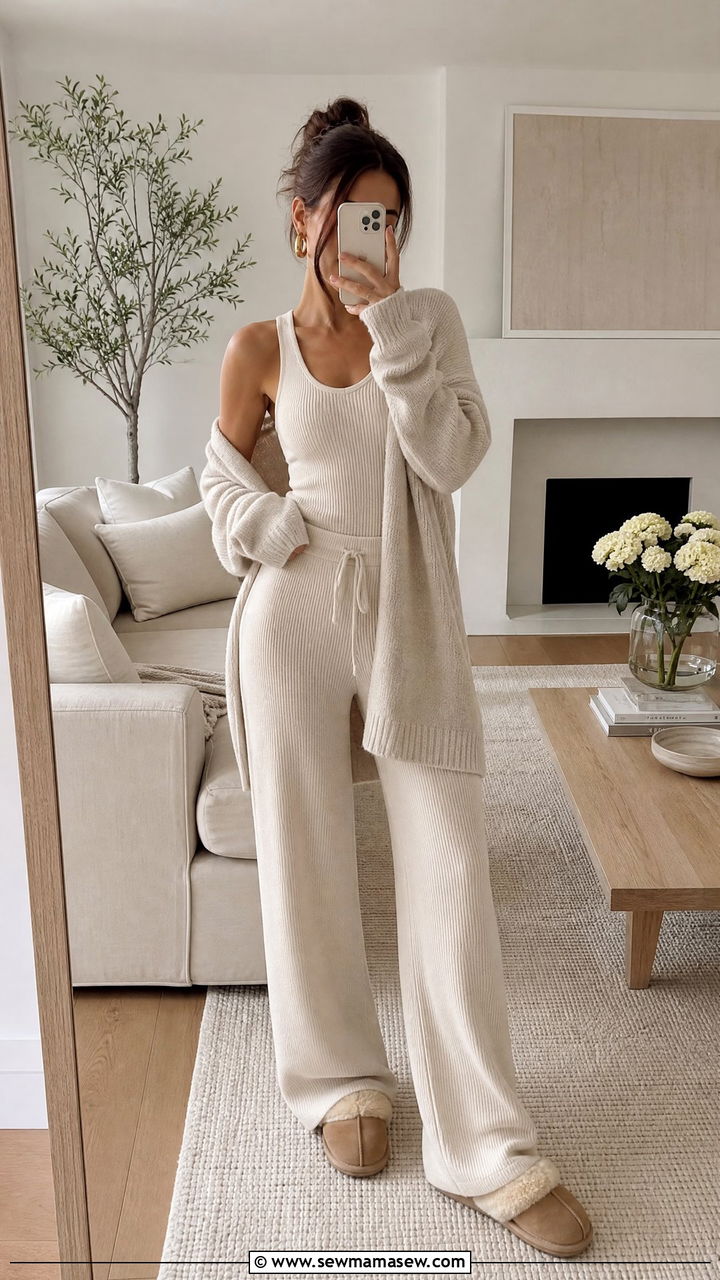 Cream Knit Lounge Set with Oversized Cardigan - 30 Clean girl loungewear outfit ideas