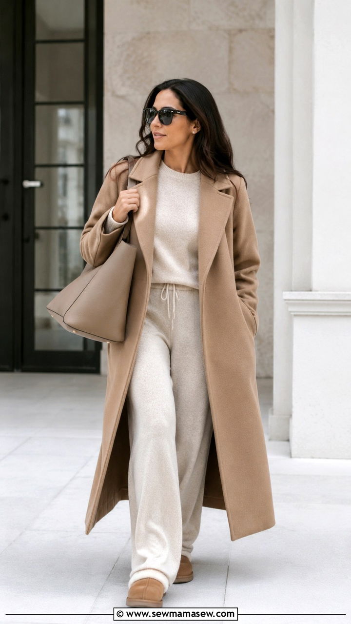 Cream Knit Lounge Set with a Long Wool Coat - 30 casual outfits for women over 30
