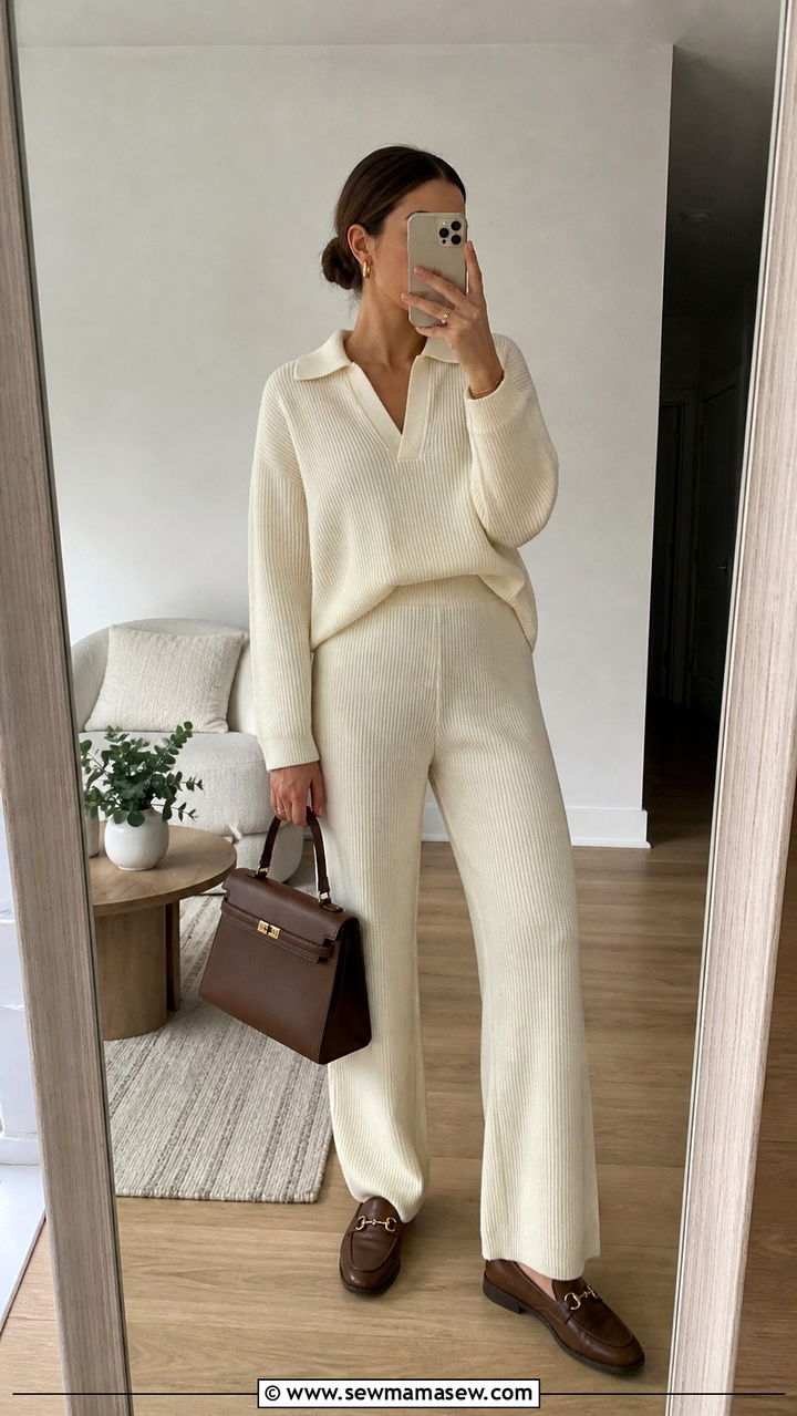 Cream Knit Matching Set with Loafers - 40 clean girl outfits
