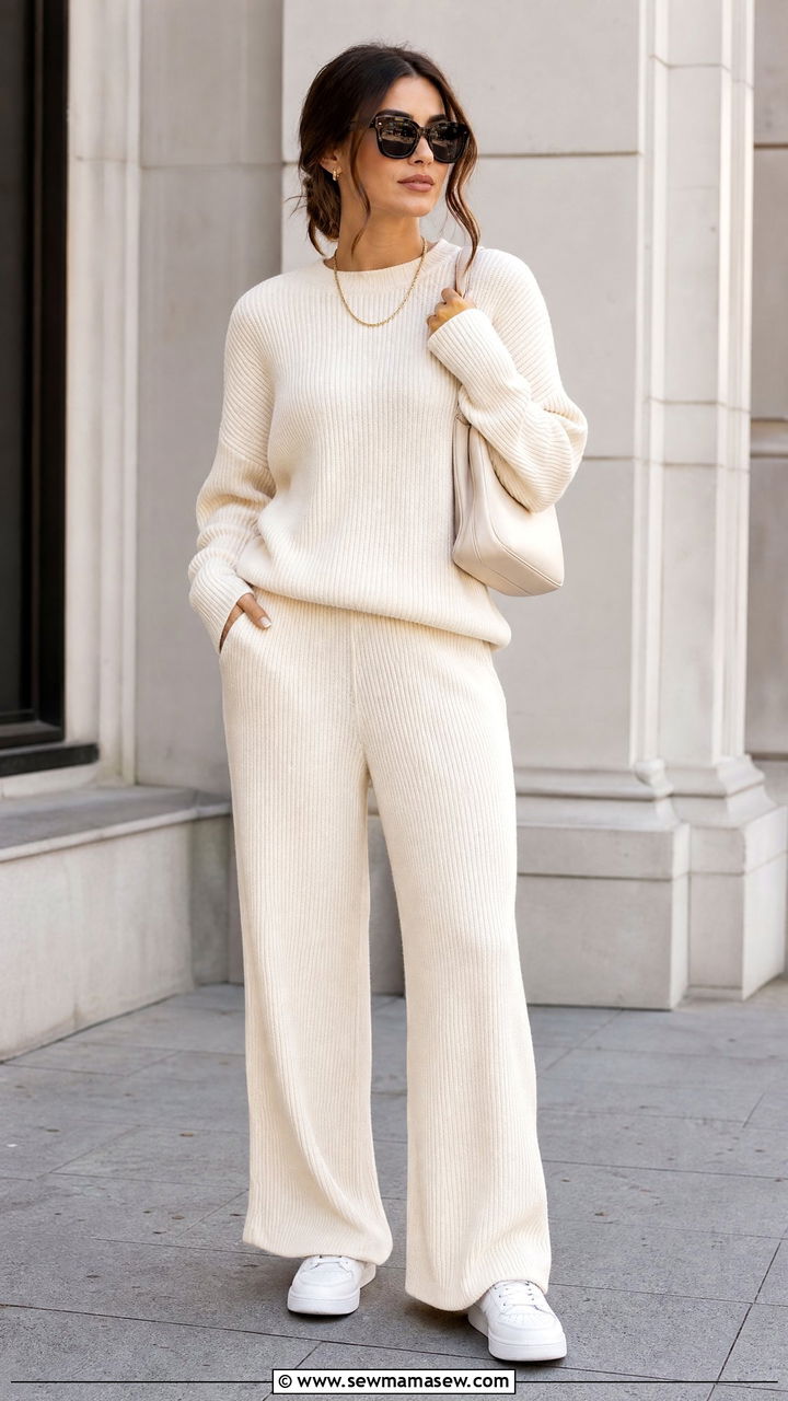 Cream Knit Matching Set with White Sneakers - 25 classy clean girl outfits