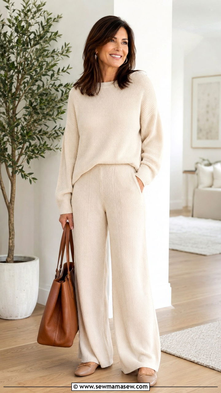 Cream Knit Palazzo Pants and a Matching Sweater Set - 25 palazzo pants outfits for women over 40