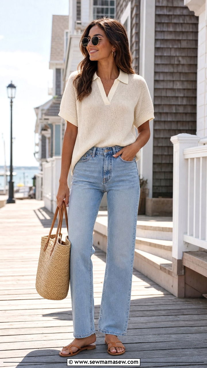 Cream Knit Polo Sweater With Light Blue Jeans - 25 Coastal granddaughter outfit ideas