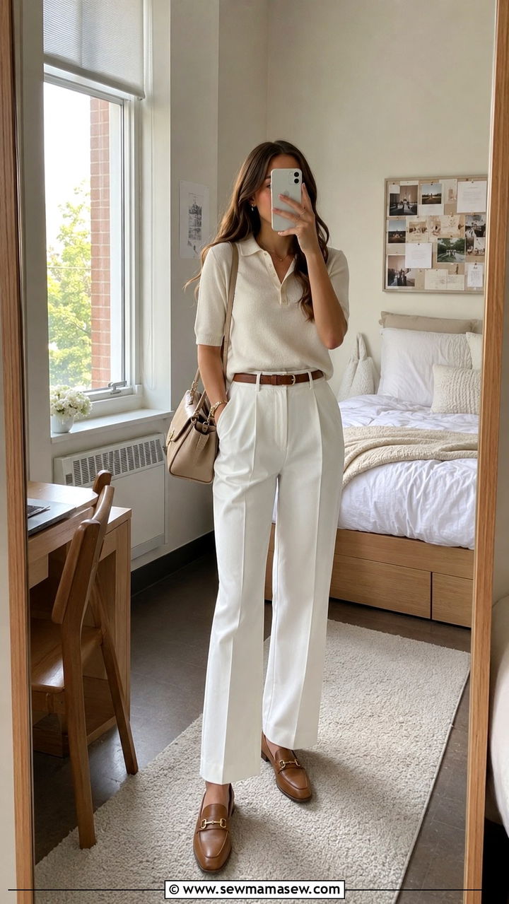 Cream Knit Polo With Tailored White Trousers And Loafers - 30 classy college outfits