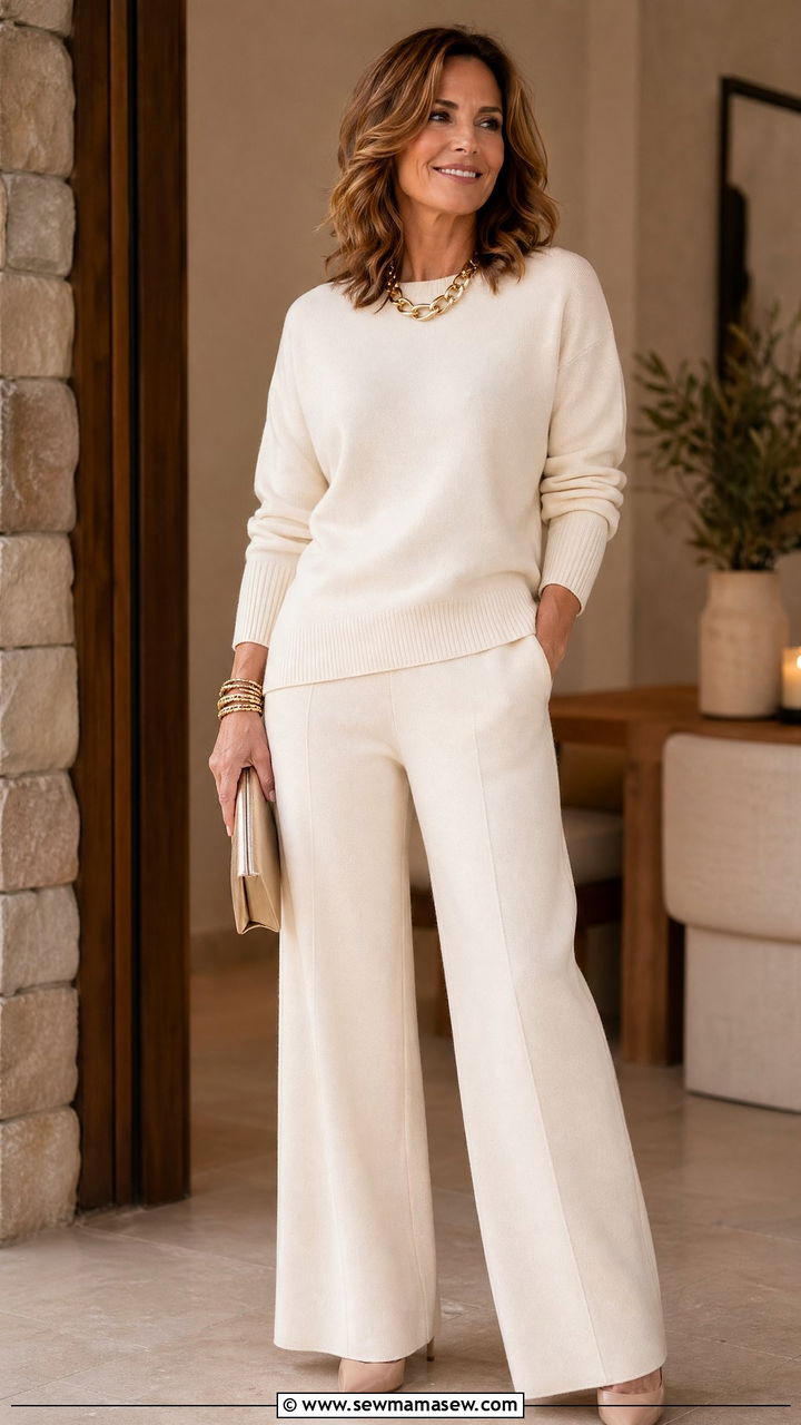 Cream Knit Set With Gold Accessories - 35 dinner outfits for women over 40