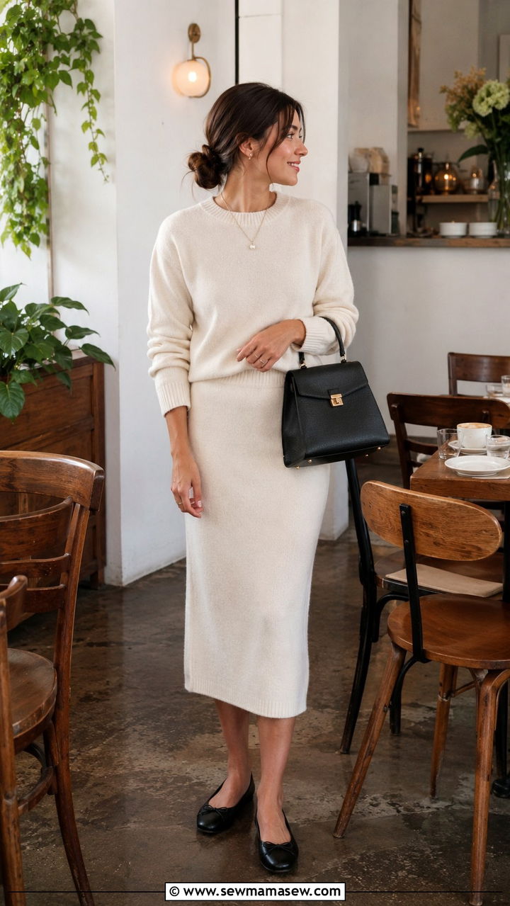 Cream Knit Set and Ballet Flats - 30 old money outfits to copy