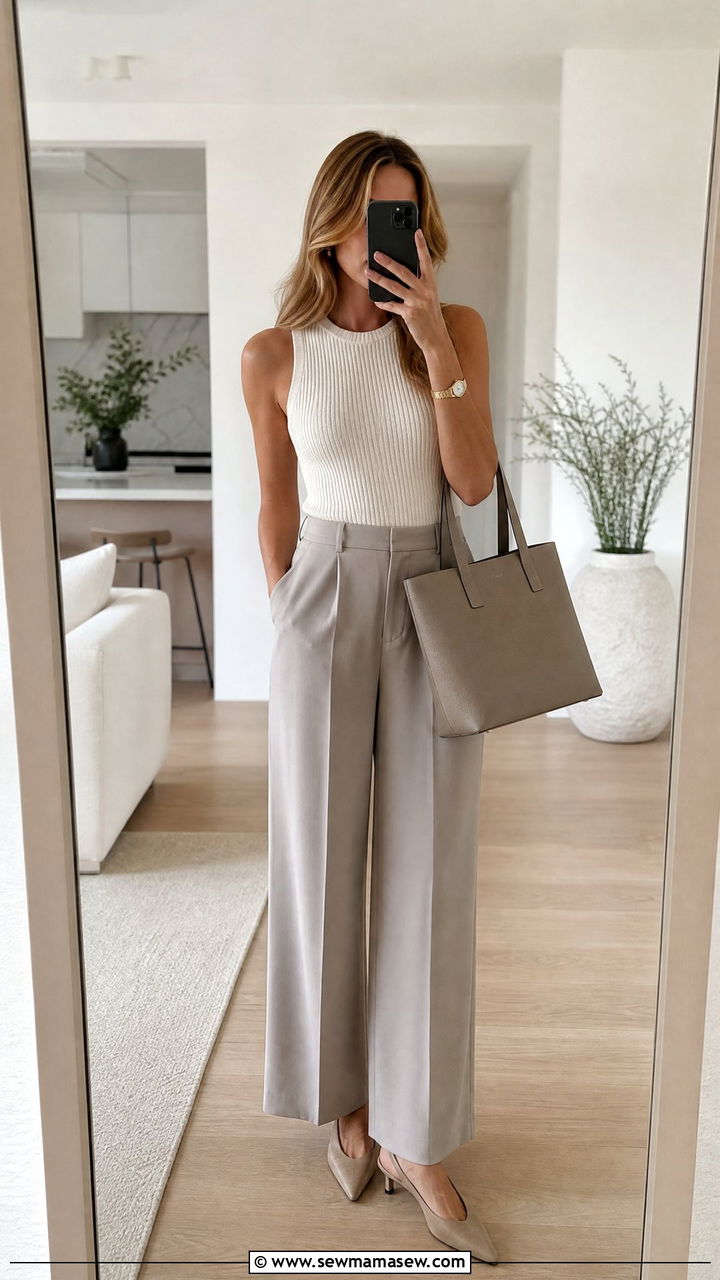 Cream Knit Shell And Tailored Wide Leg Trousers - 30 summer quiet luxury outfit ideas