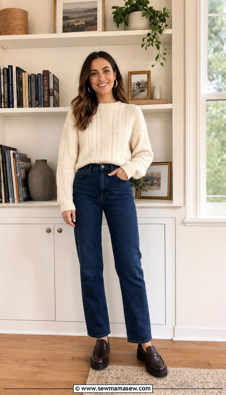 Cream Knit Sweater And Dark Jeans Outfit - 30 Zoom interview outfit ideas