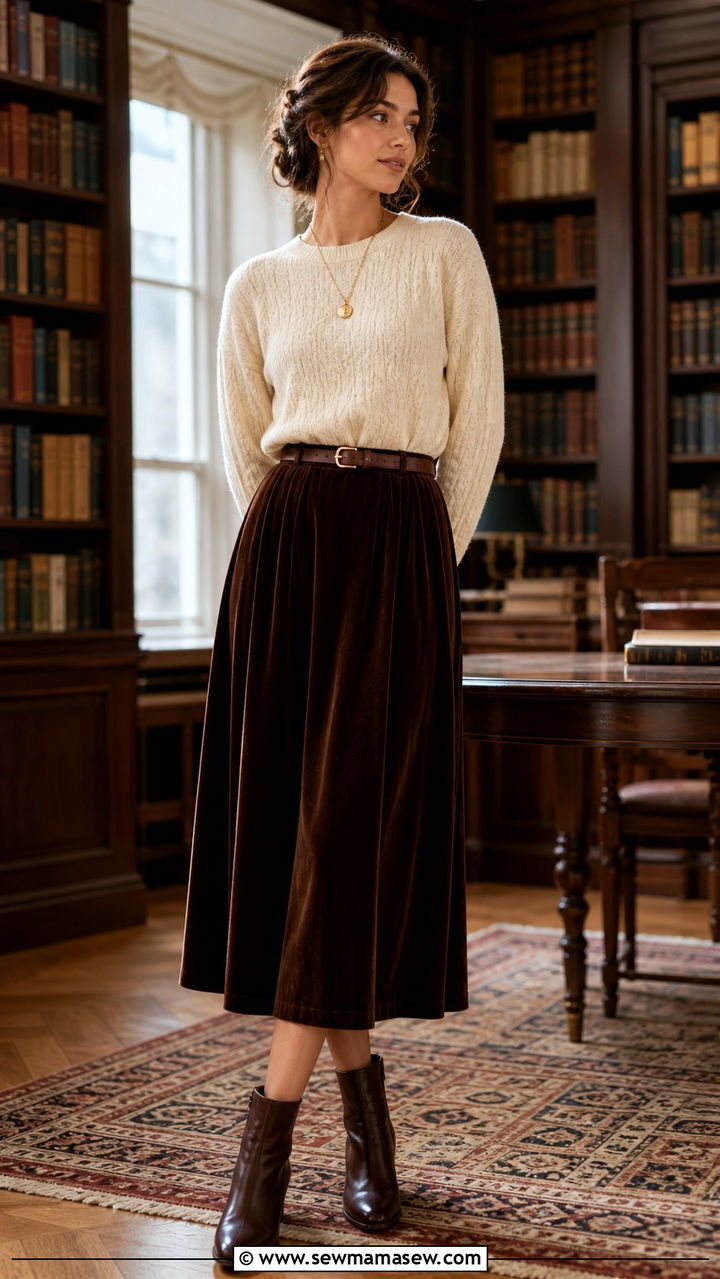 Cream Knit Sweater And Velvet Skirt - 40 light academia outfits ideas