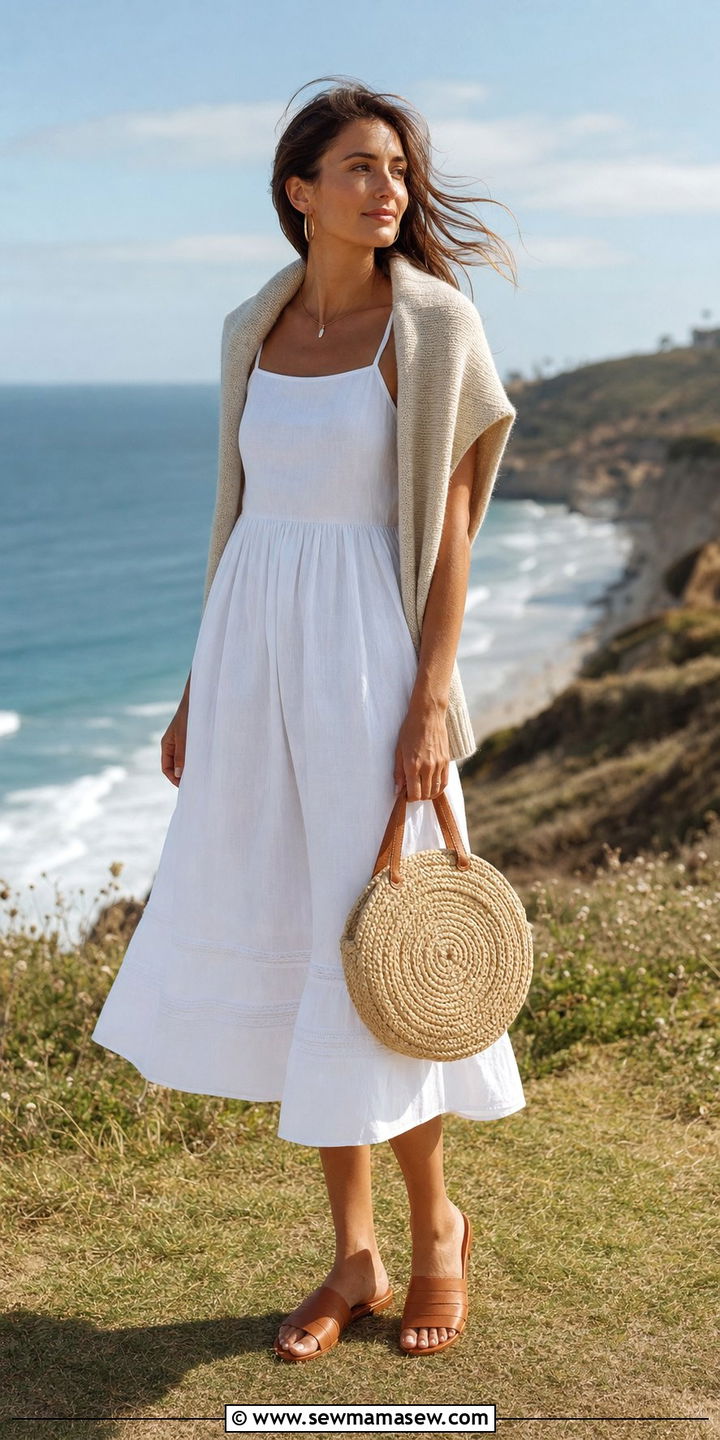 Cream Knit Sweater Draped Over a White Midi Dress - 25 Summer coastal grandmother outfits 2026