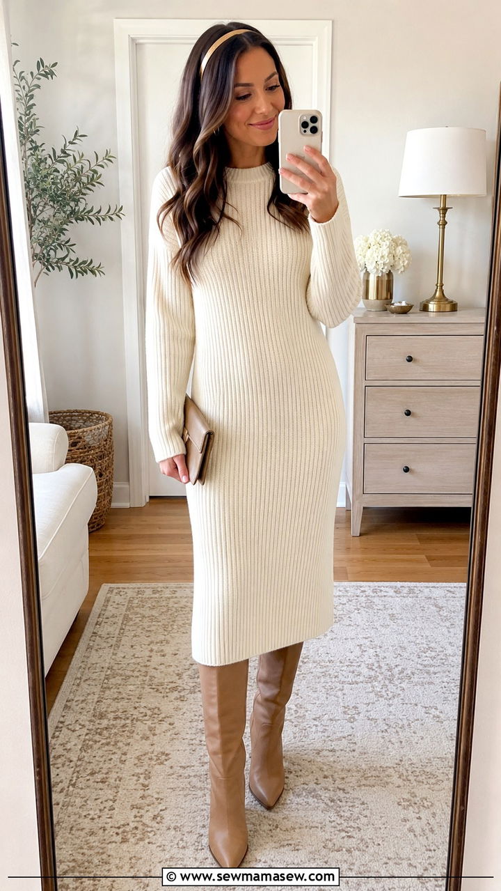 Cream Knit Sweater Dress With Metallic Headband - 25 Old money outfit ideas with headband