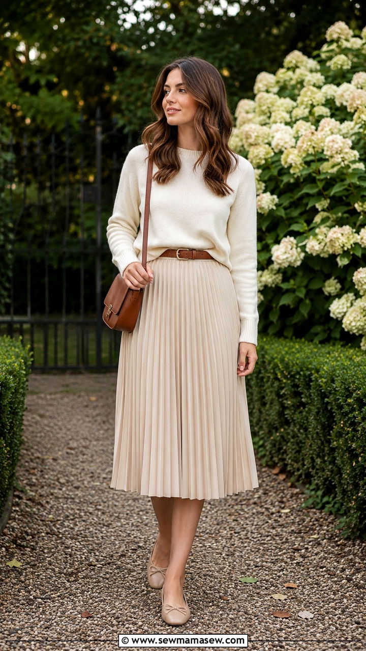 Cream Knit Sweater With Beige Pleated Midi Skirt - 30 classy Pinterest outfits