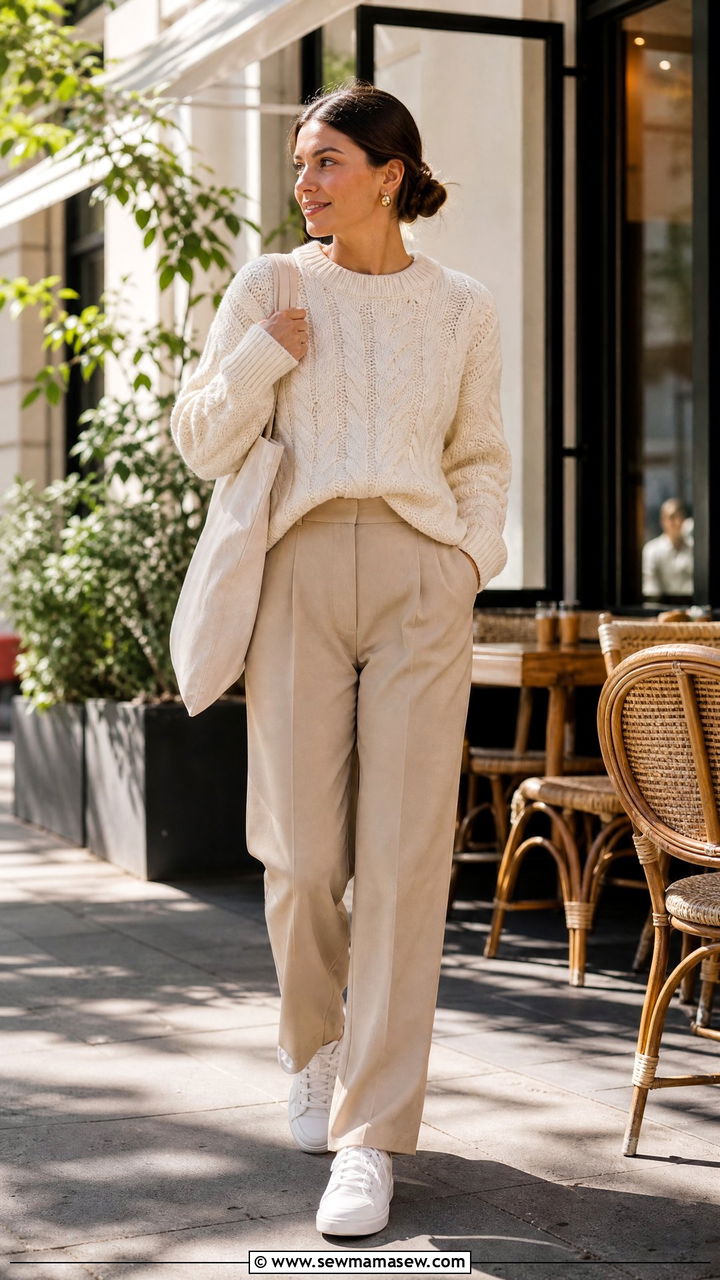 Cream Knit Sweater With Beige Tailored Pants And White Sneakers - 30 clean girl outfits ideas