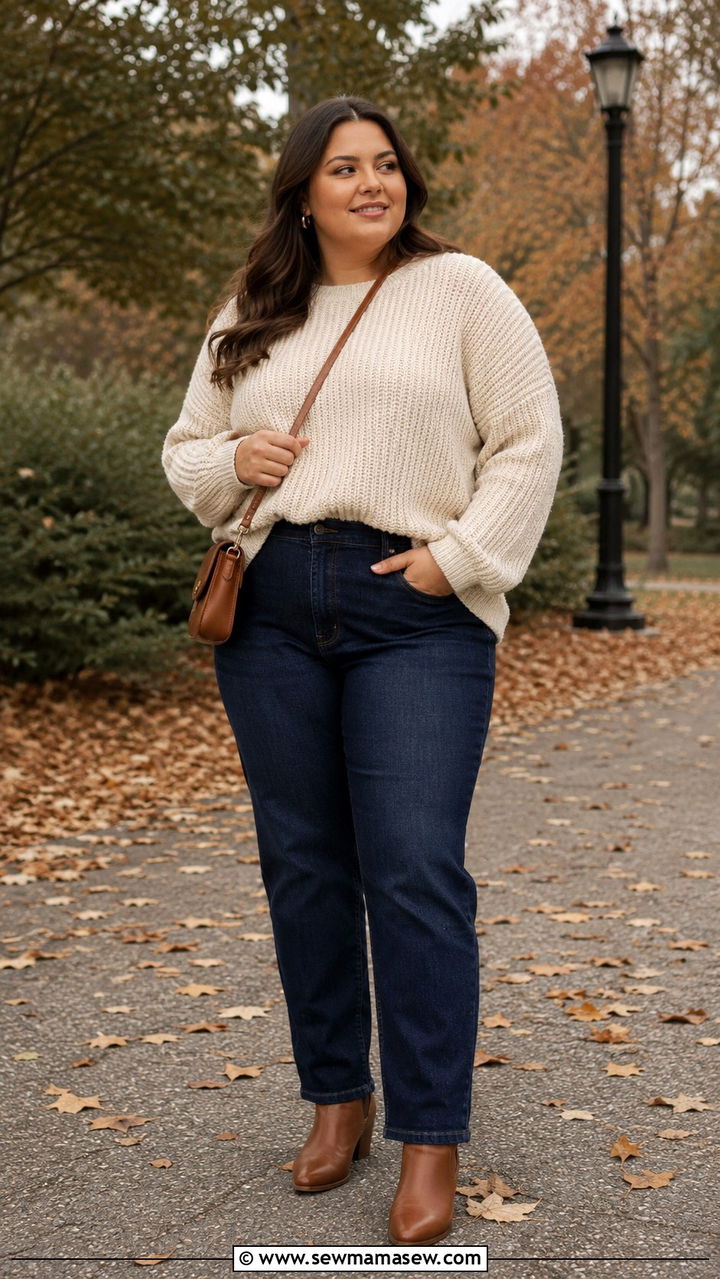 Cream Knit Sweater With Dark Wash Straight Jeans and Ankle Boots - 25 Plus size outfit ideas clean girl