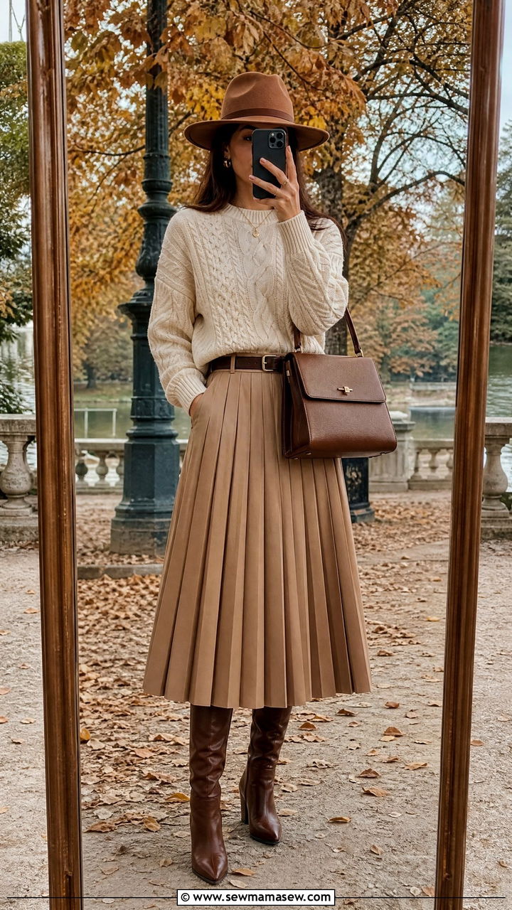 Cream Knit Sweater With Pleated Midi Skirt And Wool Wide Brim Fedora - 25 Old money outfit ideas with wide brim hat