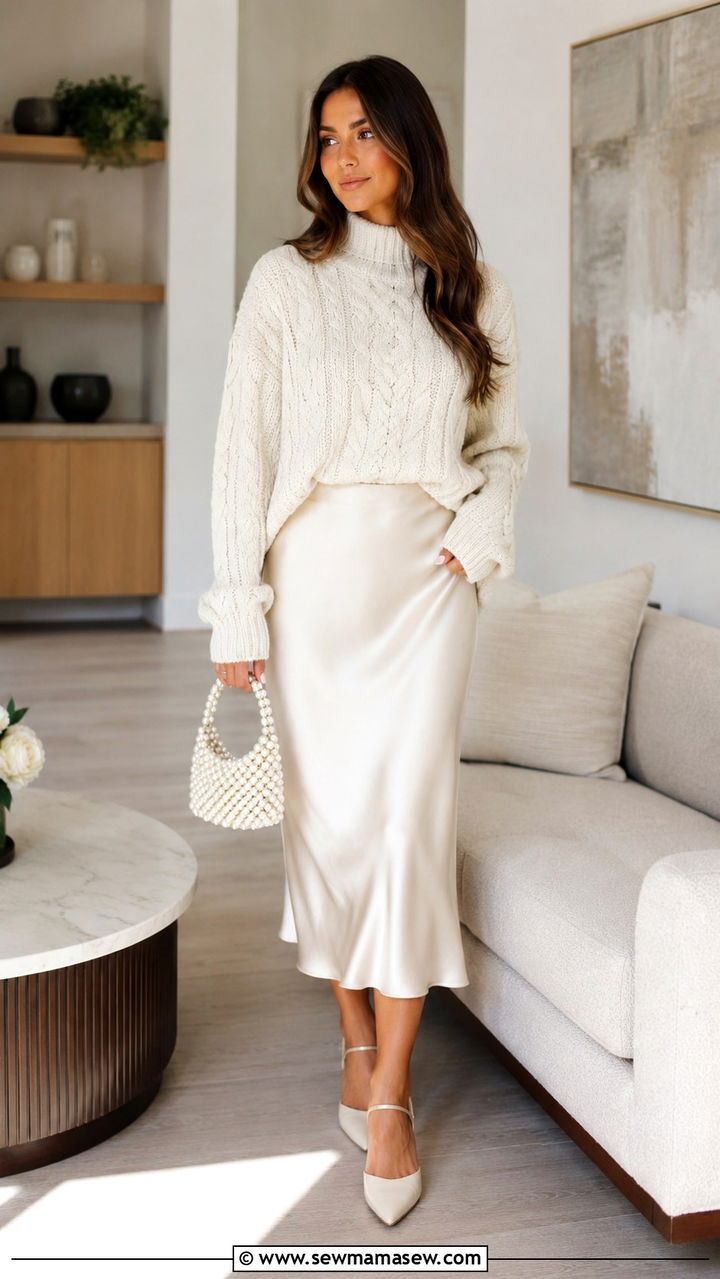 Cream Knit Sweater With Satin Slip Skirt - 30 Monochromatic cream outfits