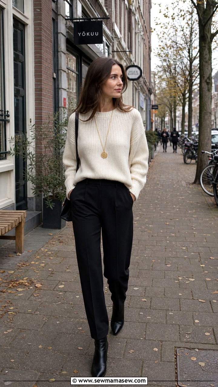 Cream Knit Sweater With Tailored Trousers - 40 What to wear in Amsterdam