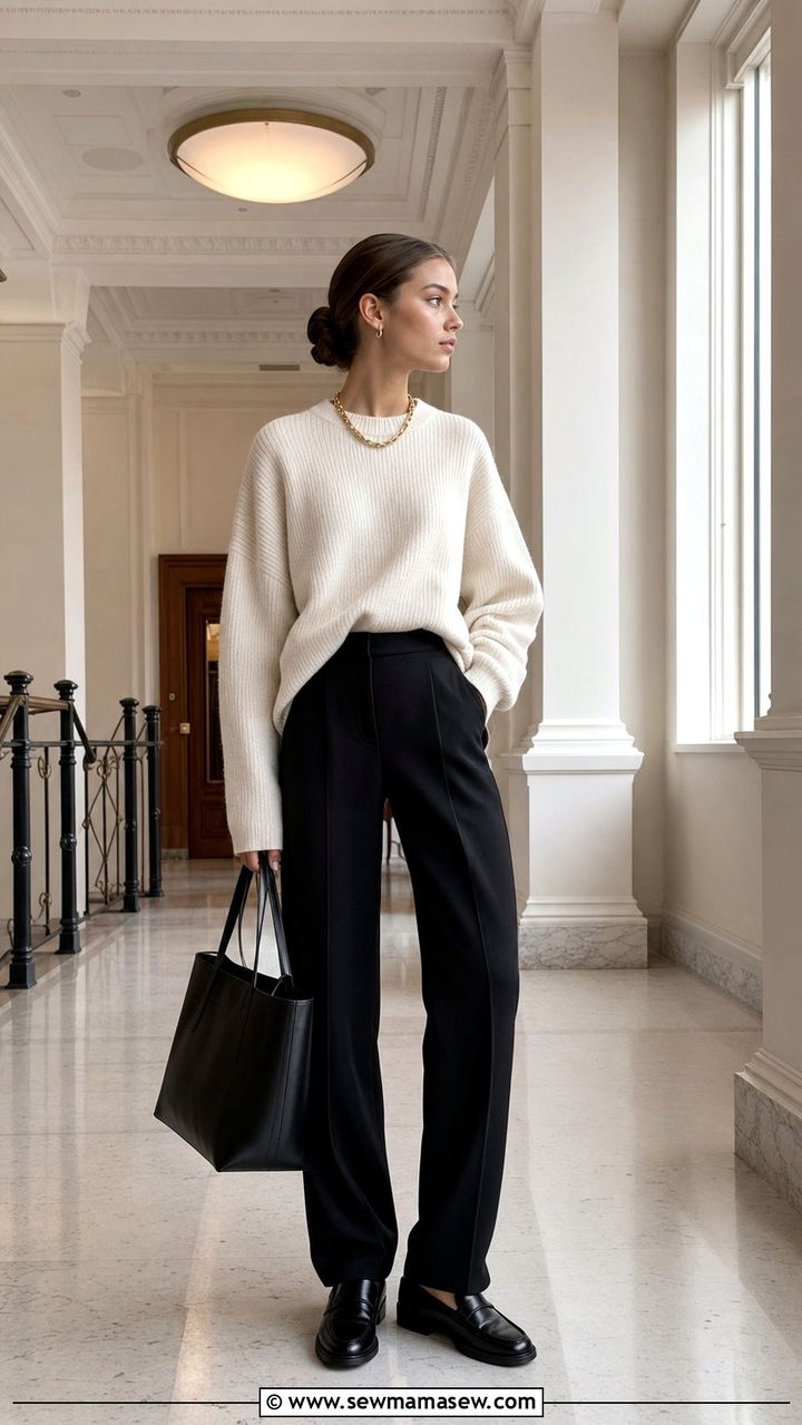 Cream Knit Sweater With Tailored Trousers And Loafers - 25 Clean girl outfit ideas for teens