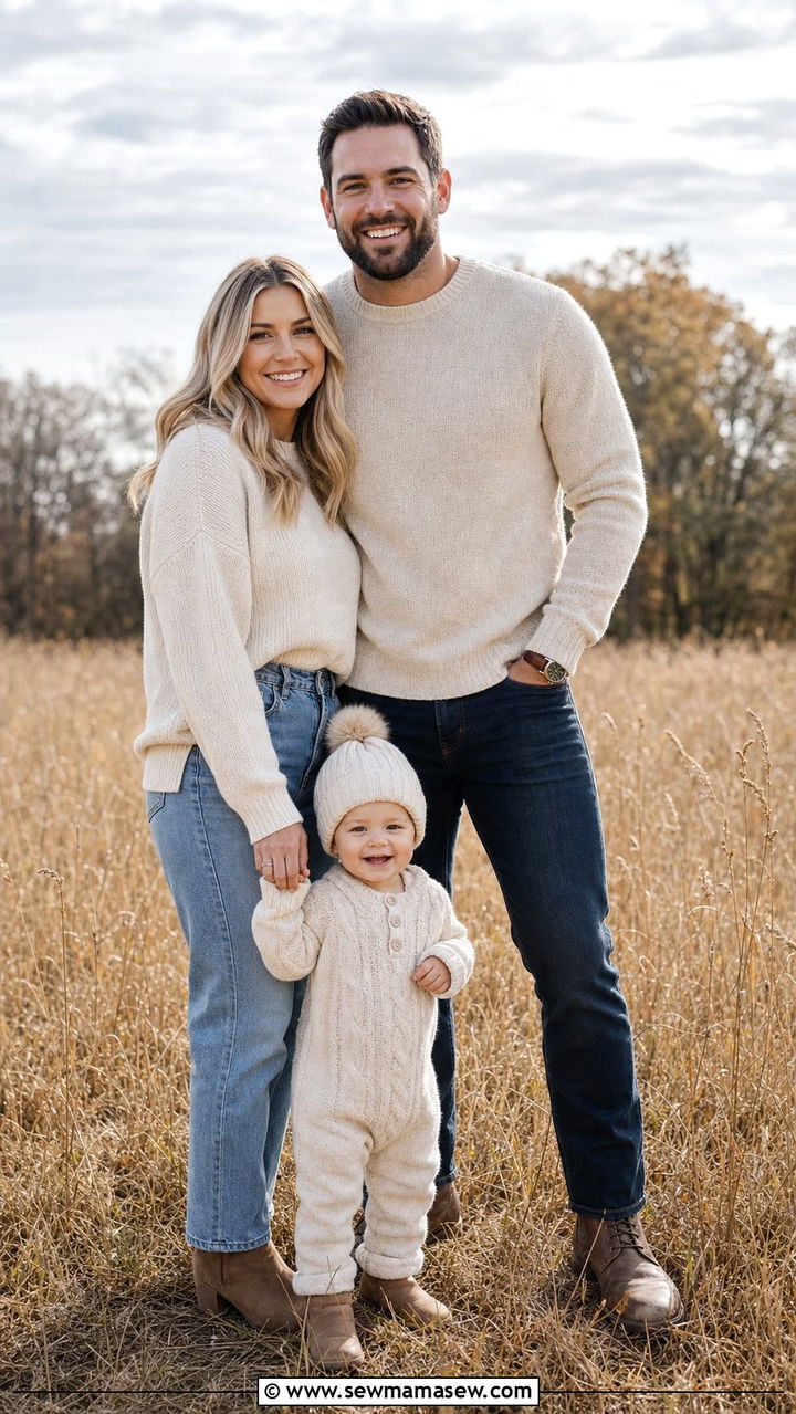Cream Knit Sweater and Denim Family Outfit With Toddler - 25 Family photo outfit ideas with toddler
