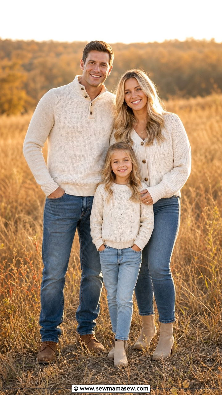 Cream Knit Sweater and Denim Jeans Family Outfit - 25 cute family photo outfits