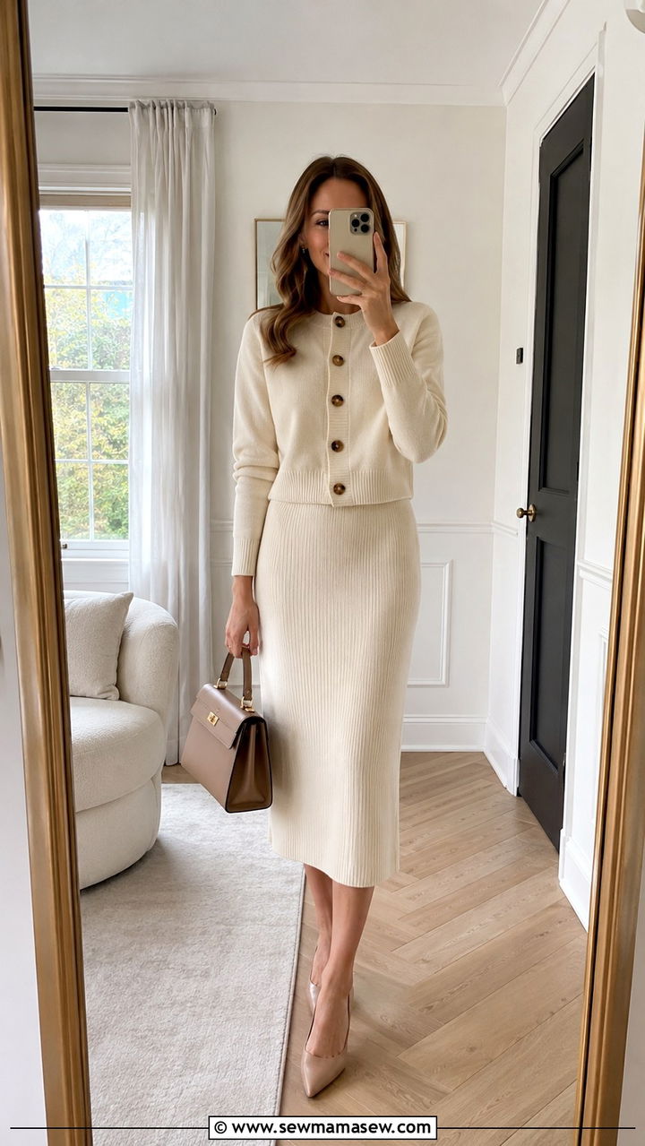 Cream Knit Sweater and Midi Skirt Set - 20 Old money outfit ideas Kate Middleton