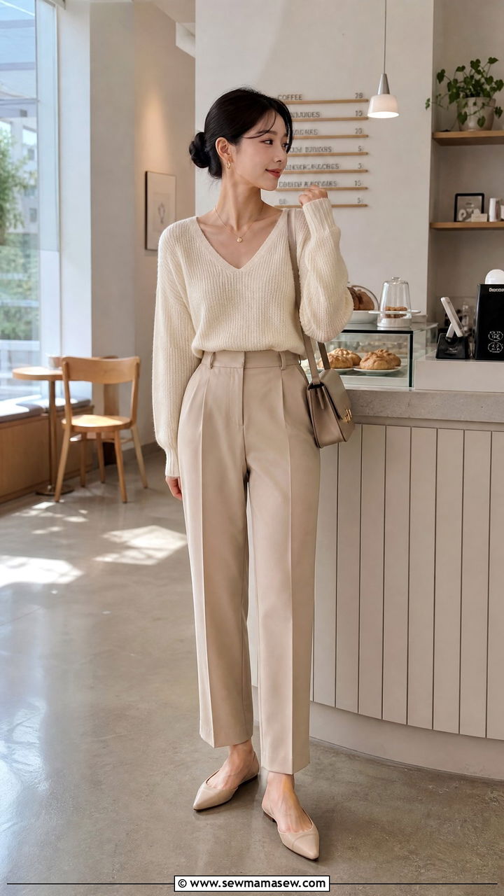 Cream Knit Sweater and Tailored Beige Trousers - 30 Clean girl outfit ideas petite