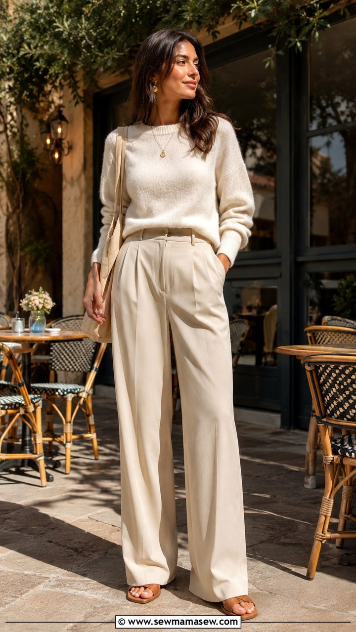 Cream Knit Sweater with Beige Wide Leg Trousers - 30 Spring outfits in neutral