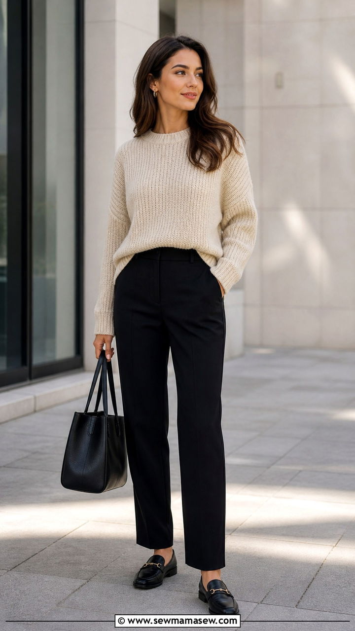 Cream Knit Sweater with Black Trousers - 40 Clean girl outfit ideas