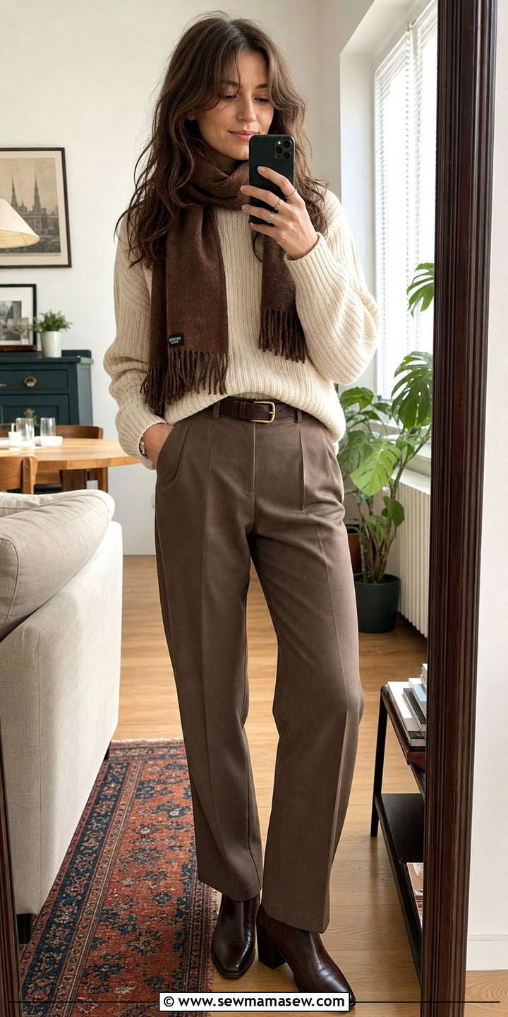 Cream Knit Sweater with Brown Scarf and Neat Trousers and Ankle Boots - 25 classy light academia outfits