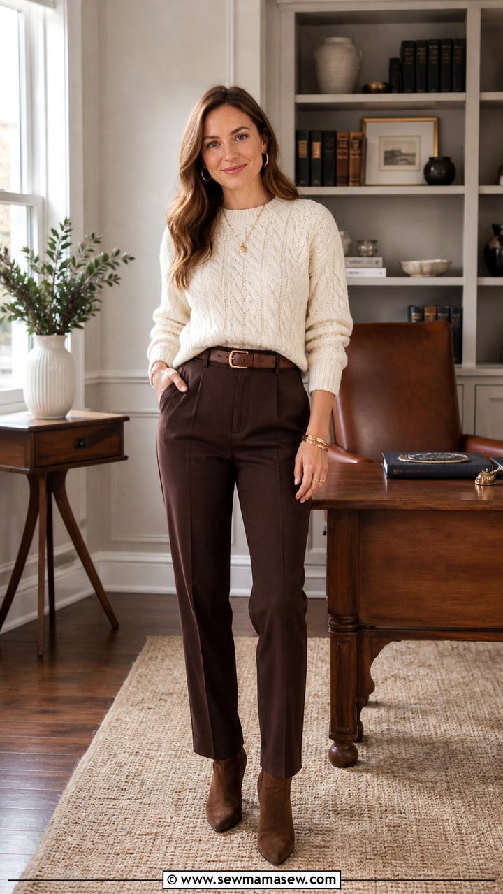 Cream Knit Sweater with Chocolate Brown Trousers - 40 classy work outfits