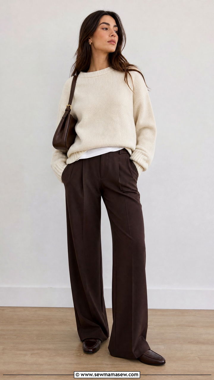 Cream Knit Sweater with Espresso Brown Trousers - 30 classy aesthetic outfits