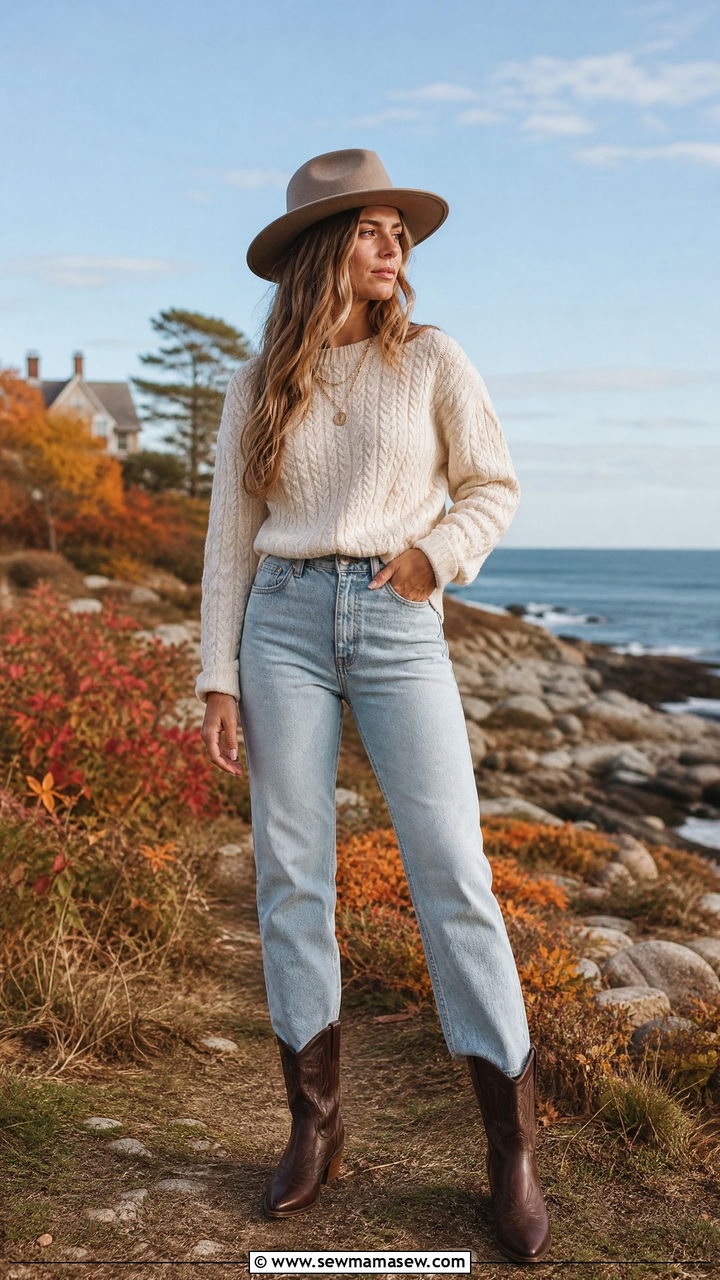 Cream Knit Sweater with Light Wash Straight Leg Jeans - 30 coastal cowgirl capsule wardrobe outfits