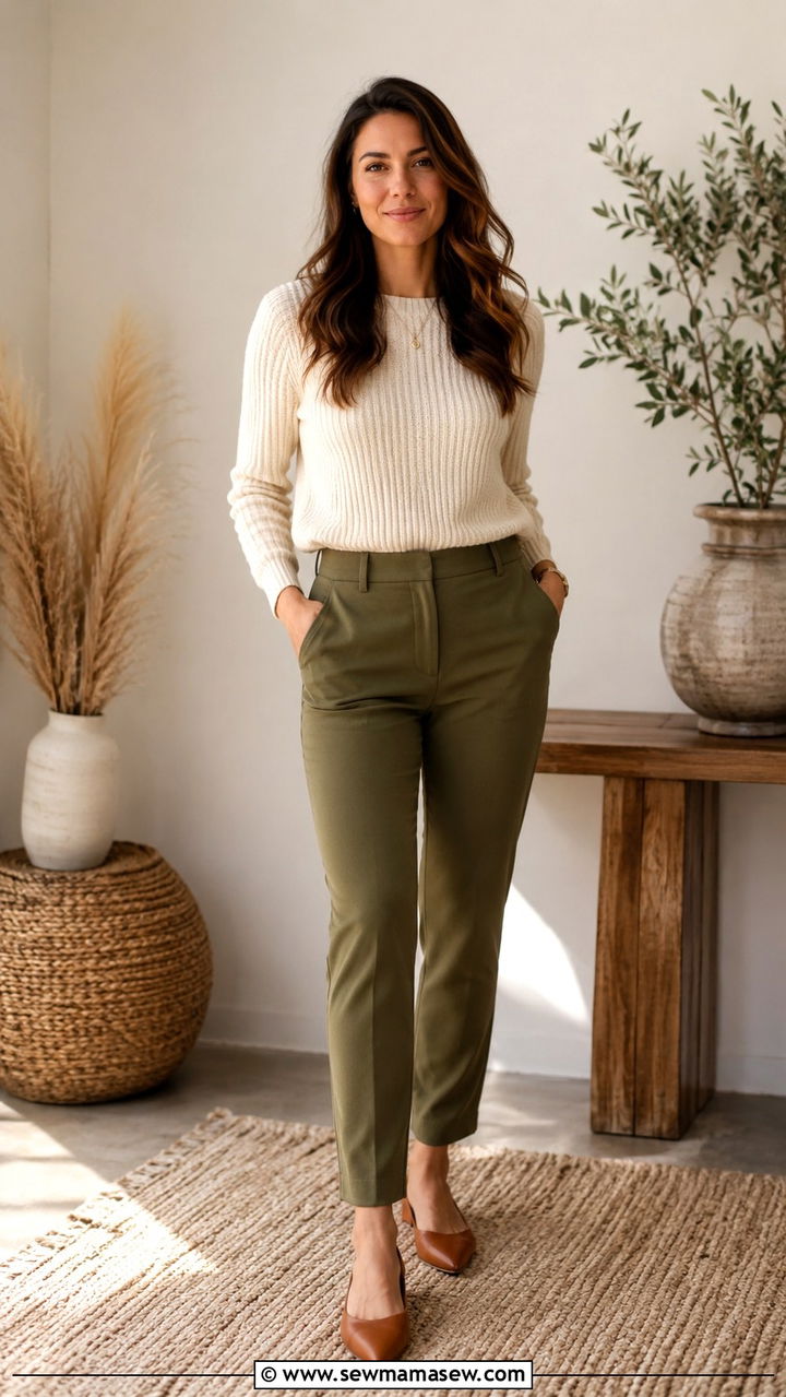 Cream Knit Sweater with Olive Trousers - 30 LinkedIn photo outfit ideas