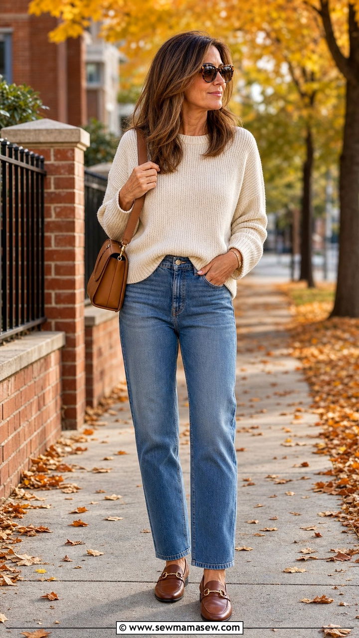 Cream Knit Sweater with Straight Leg Jeans - 25 straight leg jeans outfits for women over 40