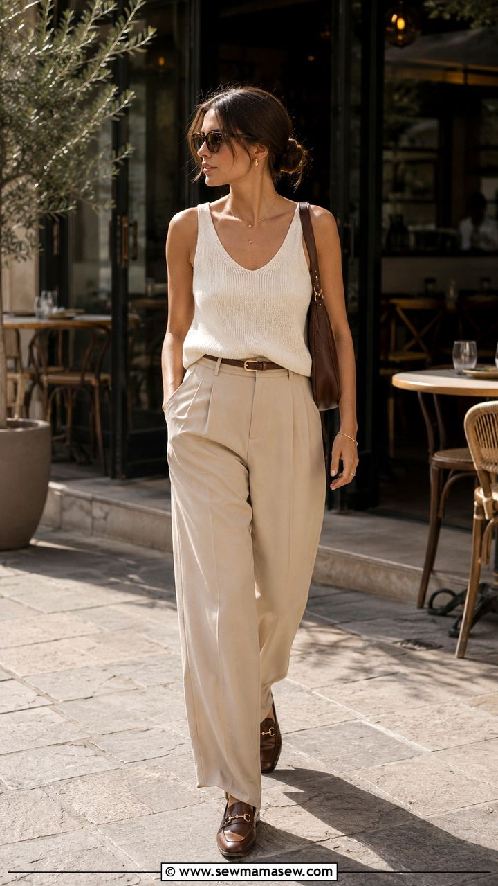Cream Knit Tank With Beige Wide Leg Trousers And Loafers - 30 casual clean girl outfits