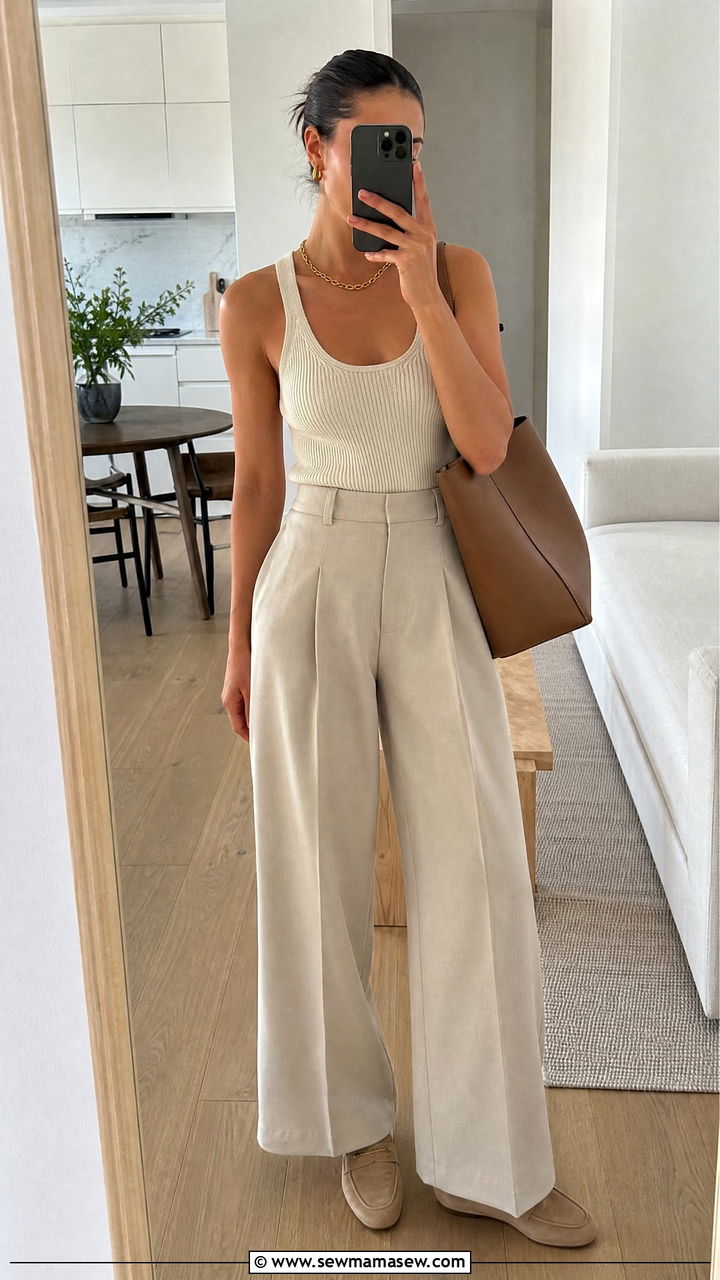 Cream Knit Tank and Beige Wide Leg Trousers - 30 clean girl outfits to copy